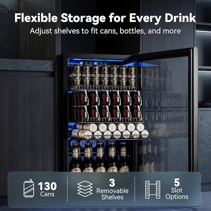 130 Can Beverage Refrigerator, 3.2 Cu.Ft Mini Fridge Beverage Cooler | Glass Door, 35–65°F Digital Temperature Display, Adjustable Shelves, Beverage Fridge for Soda, Beer & Wine - Image 3