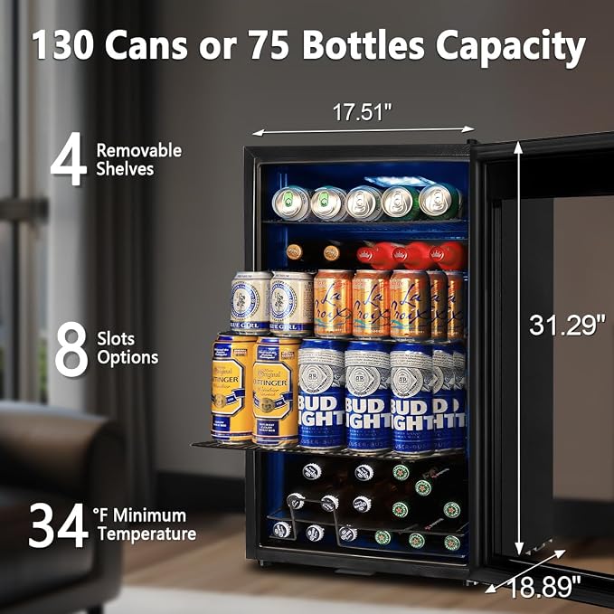 Beverage Refrigerator Cooler, 130 Cans 3.22 Cu.Ft Small Refrigerator with Low-E Glass Door, Lock, 17-Inch Beer Fridge for Drinks, Beer and Wine, Mini Fridge for Bedroom, Office and Bar, Black - Image 6