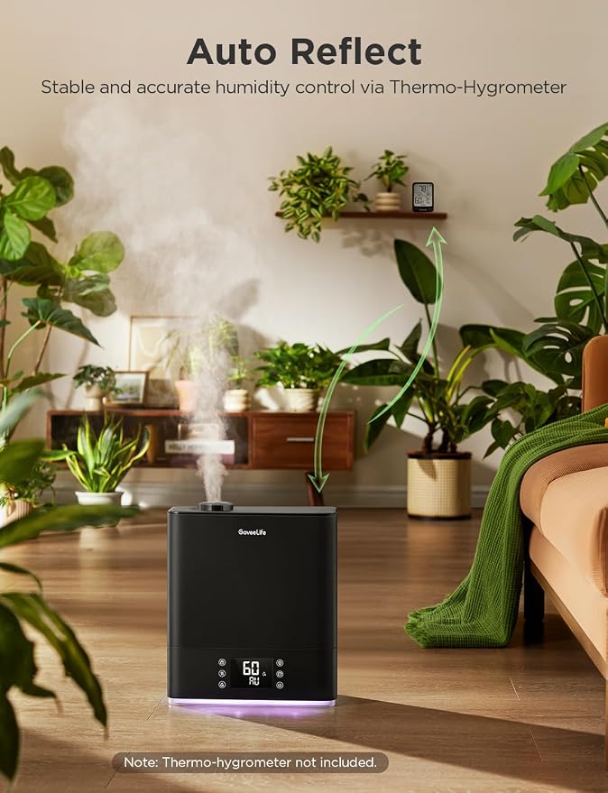 GoveeLife Smart Humidifiers for Bedroom Large Room, Top-Fill Cool Mist 6L WiFi Air Humidifier, Auto Mode, App & Voice Control, 60H Runtime, Rapid Humidification, RGB Nightlight Baby Plants, Black - Image 3