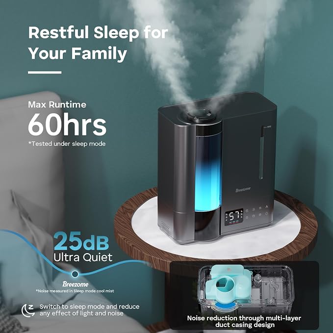 BREEZOME 8L Humidifiers for Bedroom, Warm & Cool Mist for Large Room Home, Top Fill Ultrasonic Humidifier, Humidity Sensor, Essential Oil, 60H Runtime, Quiet for Baby, Plants, Fast Relief - Image 6