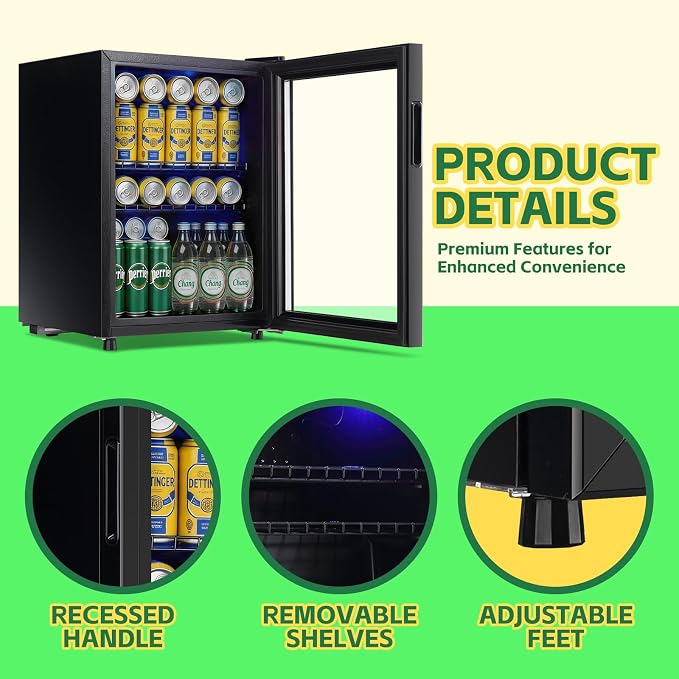 Beverage Refrigerator Cooler 2.6 Cu.Ft 85 Can Mini Small Fridge Black | Large Capacity with Glass Door, LED Light & Adjustable Shelves for Soda Beer Wine, Perfect for Home Bar Office - Image 6