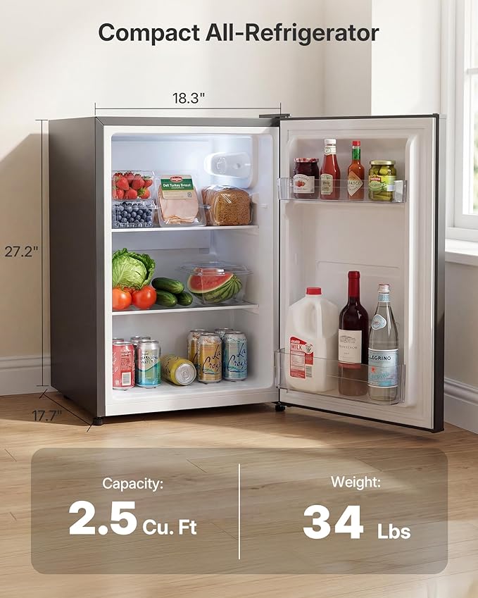 Upstreman 2.5 Cu.Ft All-Refrigerator Mini Fridge, Single Door Small Refrigerator, Dorm Fridge with 7 Adjustable Thermostat, Compact Refrigerator for Office, Bedroom or Dorm, Gray-CR26 - Image 2