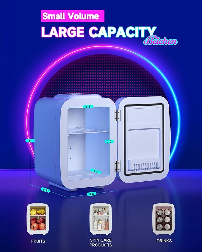 BEICHEN Mini Fridge, 4 Liter/6 Cans Small Fridge With Dimmable LED Light | Cooler and Warmer ,Compact and Portable,Quiet Operation，Home and Car Power Supply，Gaming mini fridge for Bedroom,Office - Image 3
