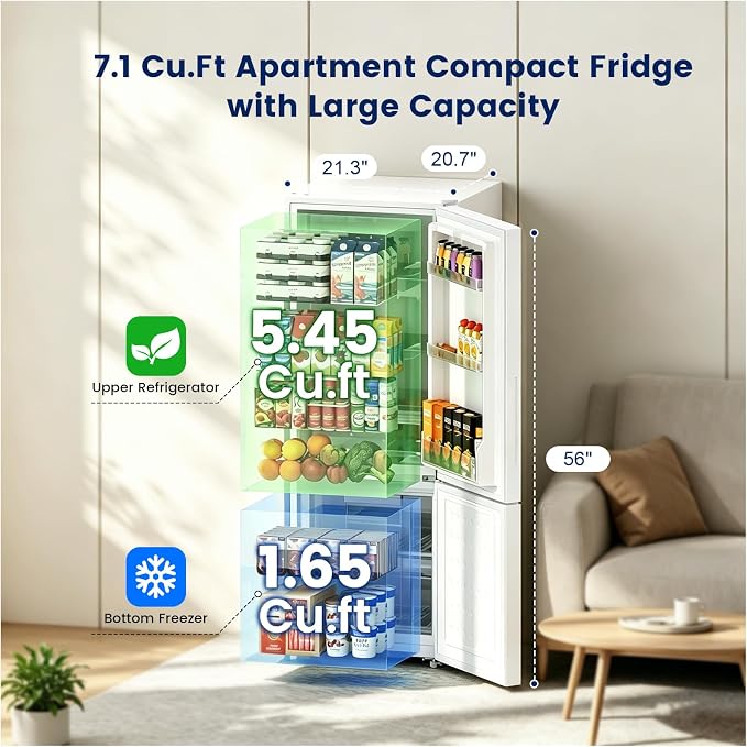 Apartment 7.1 Cu.Ft Refrigerator with Bottom Freezer Cream White | Office Fridge with Bottom Freezer, Large Capacity, Energy Saving, Adjustable Thermostat, Low Noise - Image 3