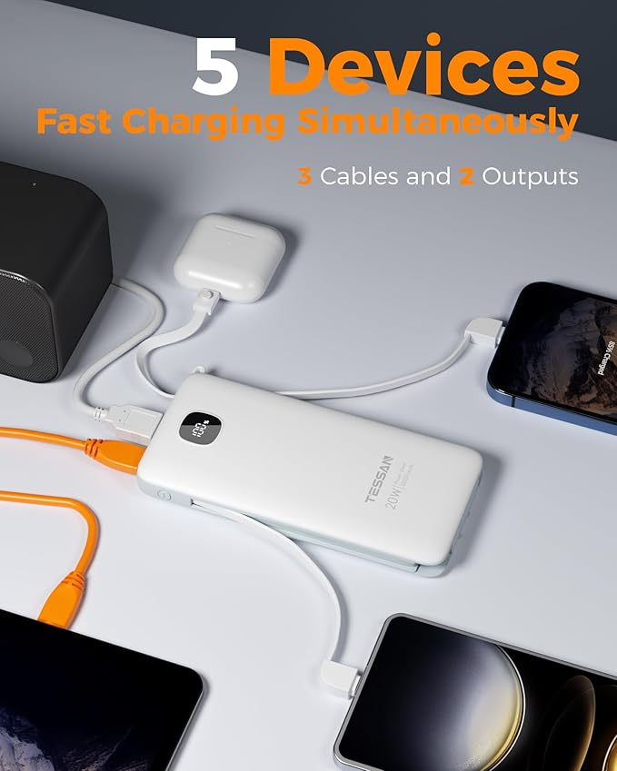 Portable Charger with Built in Cables,TESSAN 10000mAh Power Bank Fast Charging with Foldable Wall Plug Charger, PD20W Compact Battery Pack Travel Essentials for iPhone 17/16/15 Series,Samsung,Tablets - Image 2