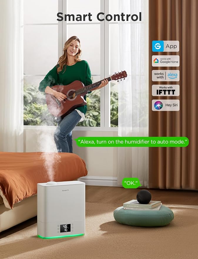 GoveeLife Smart Humidifiers for Bedroom Large Room, Top-Fill Cool Mist 6L WiFi Air Humidifier, Auto Mode, App & Voice Control, 60H Runtime, Rapid Humidification, RGB Nightlight Baby Plants, White - Image 3