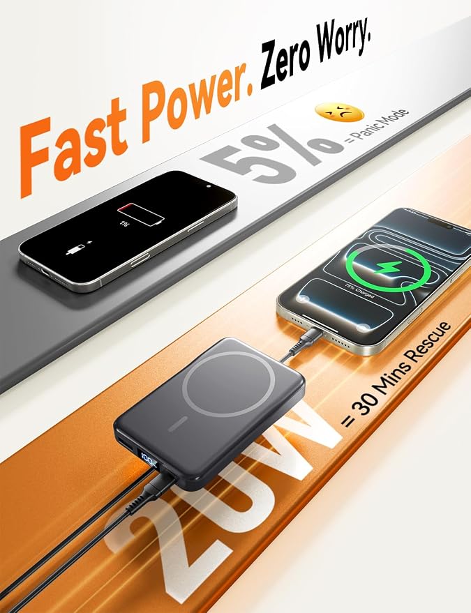 Aobbow Magnetic Portable Charger, 10000mAh for Magsafe Battery Pack, 20W Fast Charging Power Bank, Travel Essential of Wireless Charger Compatible with iPhone 17/16/15/14/13 Pro/Max/Air/Plus-SpaceGray - Image 3