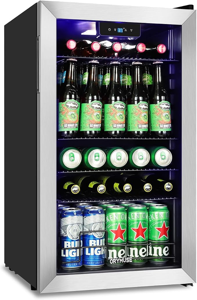 3.2 Cu.Ft Beverage Refrigerator, 130 Can Mini Fridge with Glass Door & Digital Temperature Control, Compressor Cooling Freestanding Cooler for Soda, Beer, Wine, Home, Office & Bar - Silver by ORYMUSE