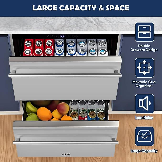 24 Inch Double Drawer Fridge, Stainless Steel Outdoor Beverage Refrigerator for Patio and Kitchen, Freestanding or Built-In, Mobile Grid Organizer, Home and Commercial Use - Image 6
