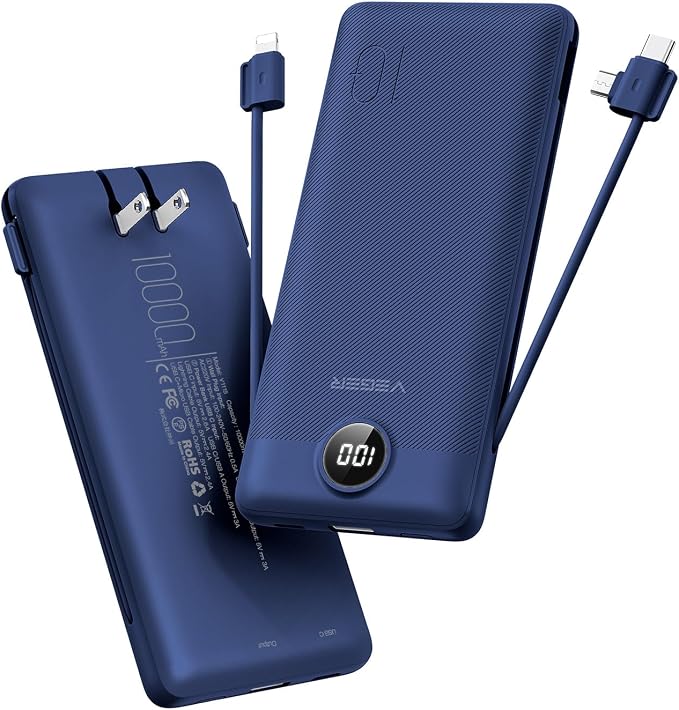 VEGER Portable Charger with Built-in AC Plug and Cables, All in One 10000mAh Ultra Slim Power Bank Travel Essentials, Fast Charging Battery Pack Compatible with iPhone, Samsung, Android (Navy) by VEGER