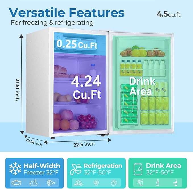 Electactic 4.5 Cu.ft Mini Fridge with Freezer, Compact Refrigerator with Reversible Single Door, Adjustable Thermostat, Low Noise, Energy Efficient for Office, Dorm, Bedroom, Apartment White - Image 5