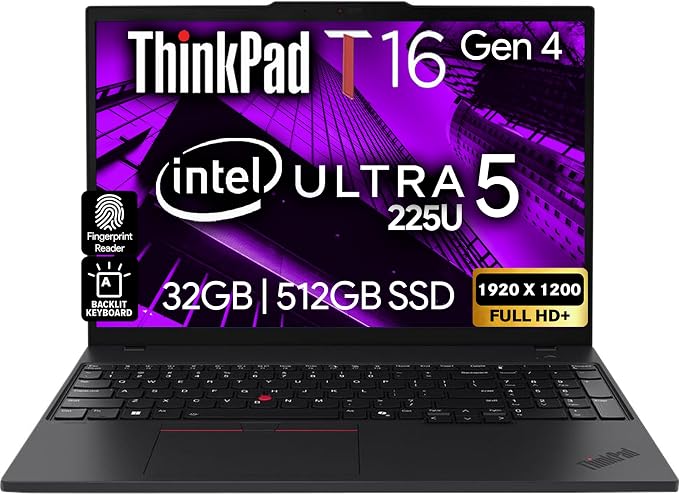 Lenovo ThinkPad T16 Gen 4 Business Laptop 16 FHD+ Display, Intel Ultra 5-225U (Beats i7-1355U), 32GB DDR5 RAM, 512GB SSD, 5MB Webcam, Fingerprint, Backlit KB, WiFi 6E + BT, RJ-45, Win 11 Pro by LENOVO