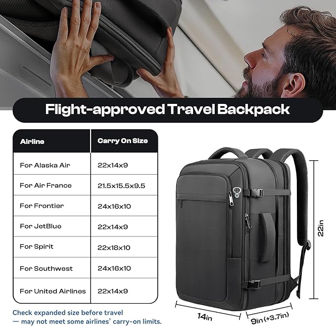 Carry on Backpack, Extra Large 55L Travel Backpack TSA Approved, Expandable - Image 2
