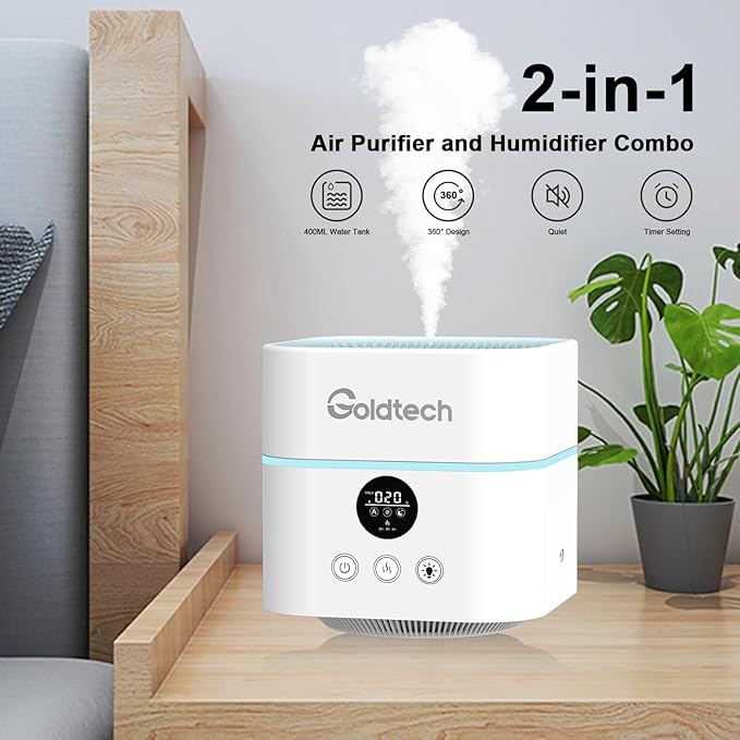 Air Purifier and Humidifier Combo for Bedroom Up to 200Ft²,H13 True HEPA Filter Desk Air Purifiers with Smart WiFi,500ML Water Tank,LED Light,Small Air Purifier for Bedroom,Office - Image 3