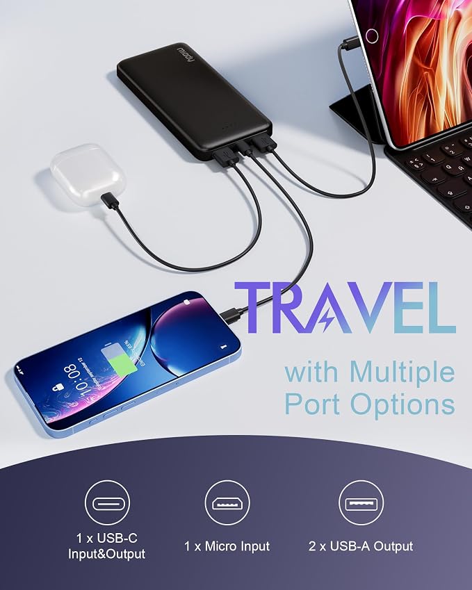 Miady 2-Pack Portable Charger, Slim 10000mAh Power Bank Travel Battery Pack 3 Outputs 2 Inputs Compatible with iPhone 17/16/15/14/13 Galaxy S24/22 iPad Android etc (Black+White) - Image 2