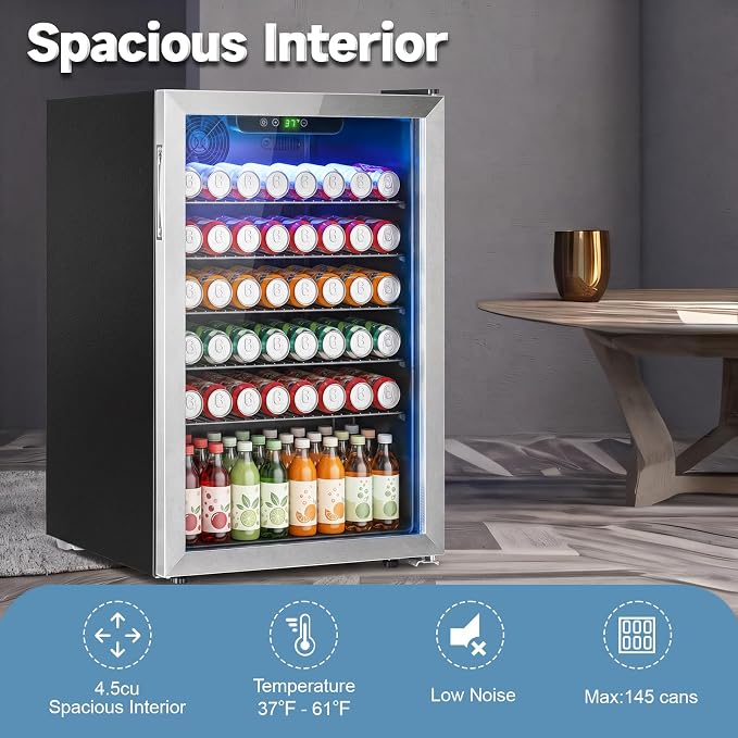 145 Can Freestanding Beverage Refrigerator, 4.5Cu. Ft Mini Fridge with Adjustable Shelvesr and Quiet Compressor, Small Refrigerator with Temperature Control for Soda, Beer or Wine - Image 4