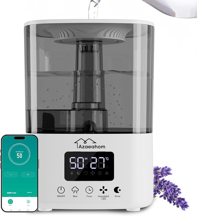 Smart Humidifiers for Bedroom, Top Fill 4L Cool Mist Air Humidifier for Large Room, Essential Oil Diffuser App Control, Fast Symptom Relief, Nightlight, 12H Quiet Runtime for Baby, Plant by Azaeahom