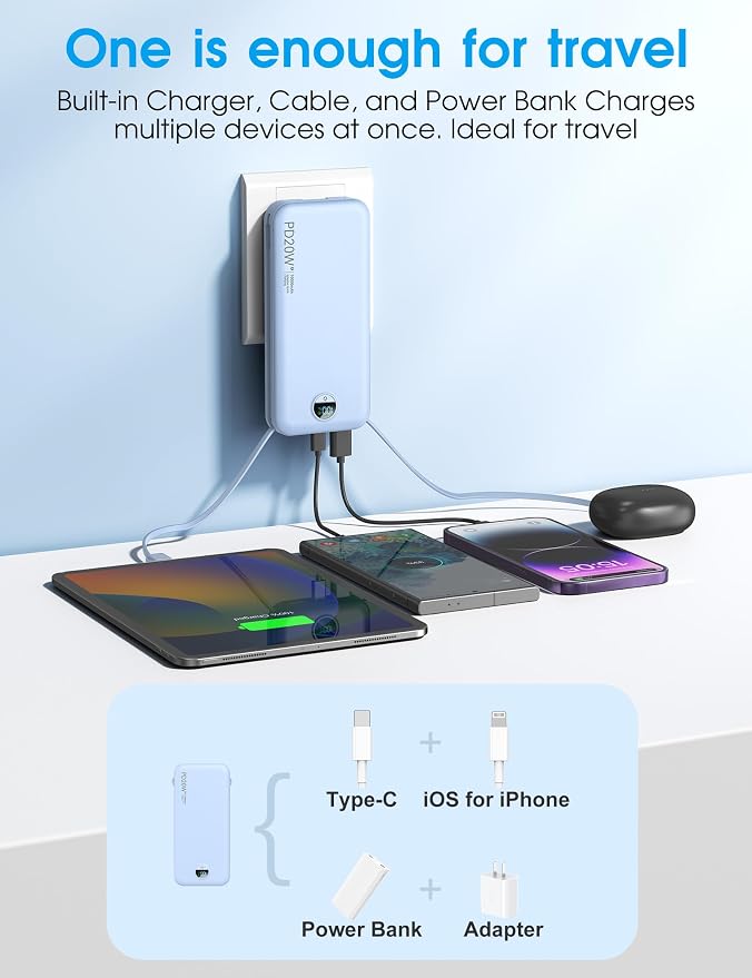 Portable Charger with Built-in Cables and Wall Plug, 10000mAh PD20W USB C Power Bank Fast Charging with LED Display, External Battery Pack Travel Essentials Compatible with iPhone, iPad, Samsung Blue - Image 4