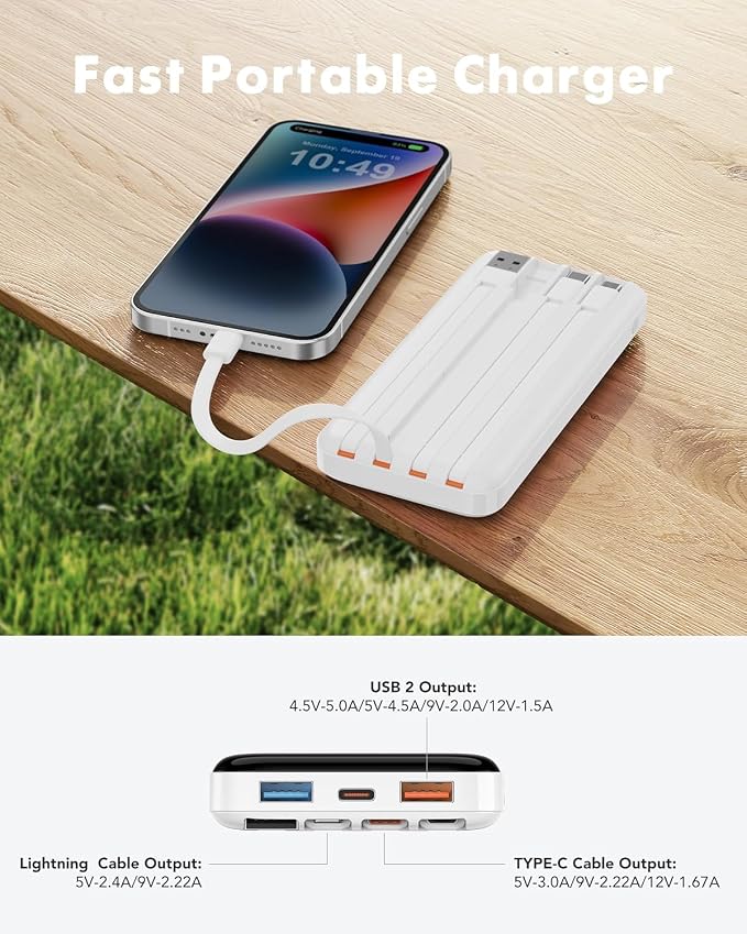 charmast 20000mAh Portable Charger with Built in Cables, 22.5W Travel Power Bank Fast Charging, USB C Cell Phone Battery Pack for iPhone 16/15/14/13/12/11 Series, iPad, Samsung, Android, Tablet - Image 8