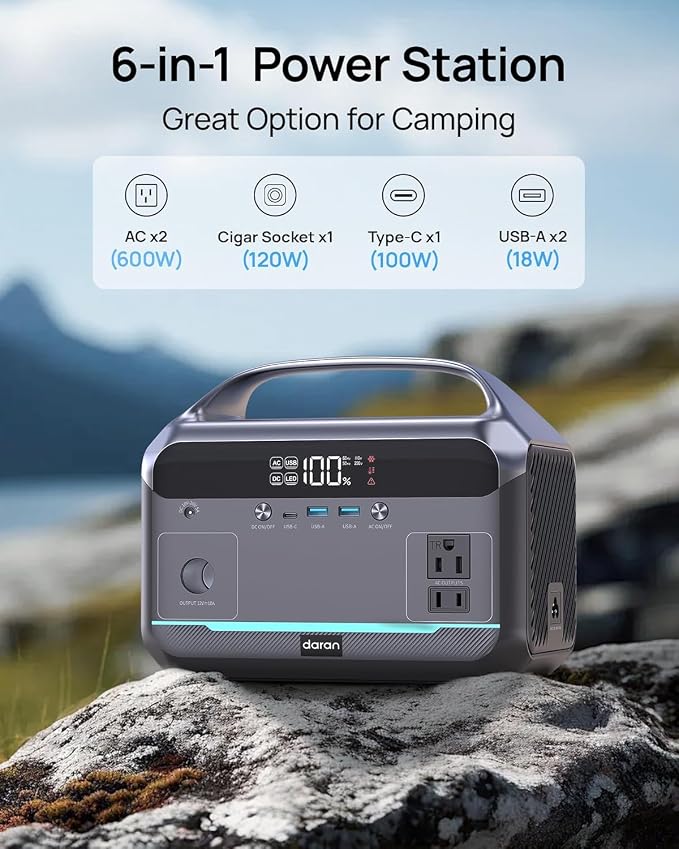 DaranEner Portable Power Station 600W, 288Wh LiFePO4 Battery Backup Power w/2×600W AC Outlets (1200W Surge), 2.2H Fast Charging, Solar Generator for Outdoor Camping/RVs/Home Emergency (Solar Optional) - Image 2