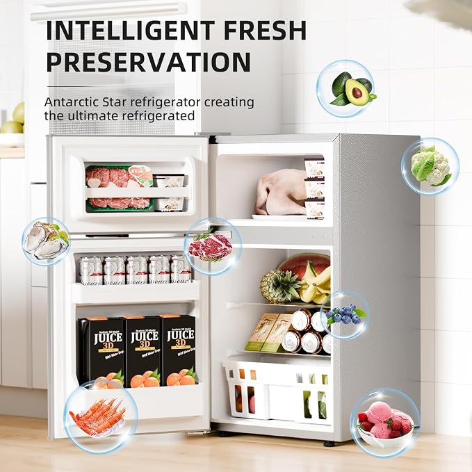 Antarctic Star Compact Refrigerator with Freezer,2 Door Mini Fridge,Adjustable Shelf,Adjustable Thermostat,for Bedroom,Office,Dorm,Kitchen,3.2 Cu.Ft.GREY - Image 2
