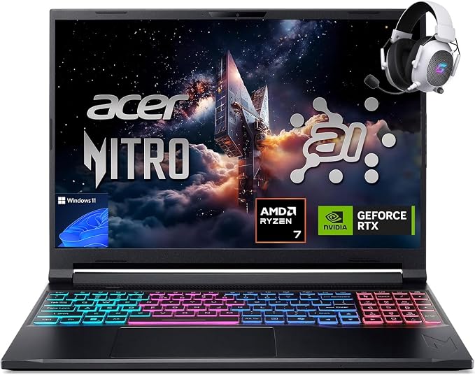 Acer Nitro V 16S AI Gaming Laptop,Ryzen 7 260, GeForce RTX 5060 8GB GDDR7 | 16" WUXGA IPS 180Hz Display, 32GB DDR5 RAM, 2TB Gen 4 SSD, Win 11 Home, Wi-Fi 6, 4 Zone-RGB Backlit KB, HHDMI,w/Headsest by Unknown