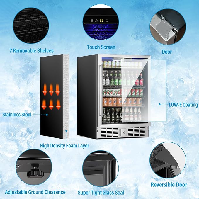 Erivess 24" Fridge 166 Can Wine and Beverage Refrigerator Cooler Glass Door | 5.3 Cu Ft Drink Fridge Large Capacity for Home/Bar with LED Display, Digital Temperature Control, Removable Shelves, Silver - Image 2