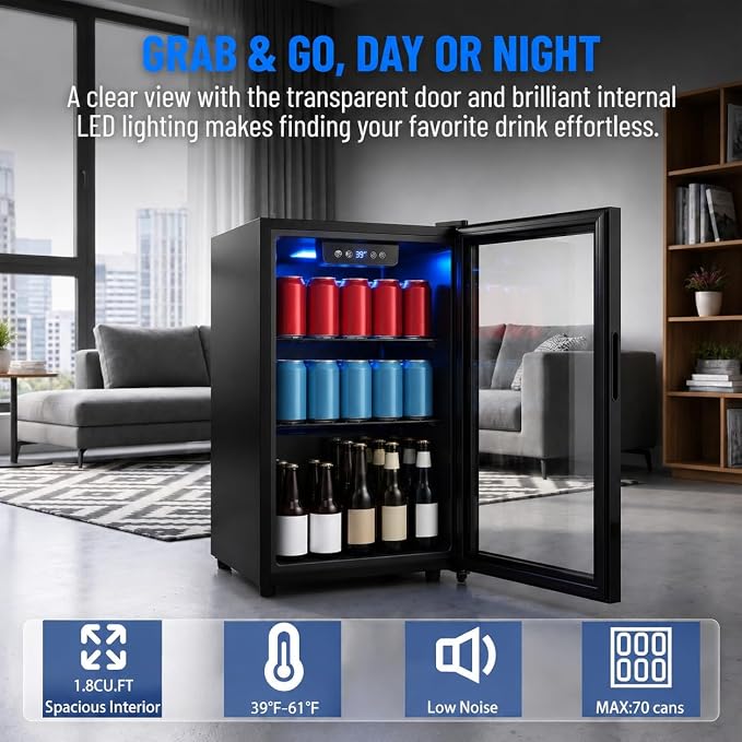 Dawmilon 1.8 Cu.Ft Mini Fridge, 70 Can Beverage Refrigerator, Compact Drink Fridge with Glass Door, Adjustable Shelves, Temperature Control, Beverage Cooler for Soda Beer Wine Dorm Office Bedroom - Image 2