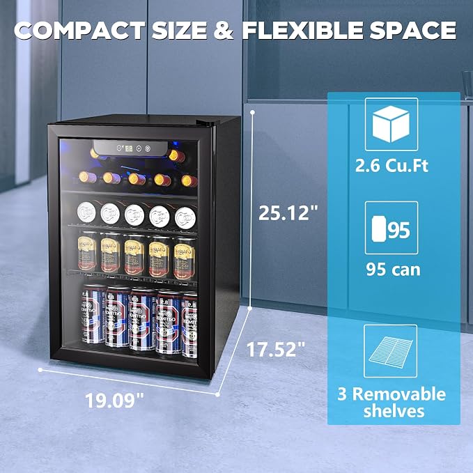 Electactic 2.6 Cu.ft Beverage Refrigerator Cooler, 95 Can Mini Fridge Glass Door with Adjustable Shelves, Digital Temperature Display, Freestanding Small Drink Fridge for Home, Office or Bar(Black) - Image 3