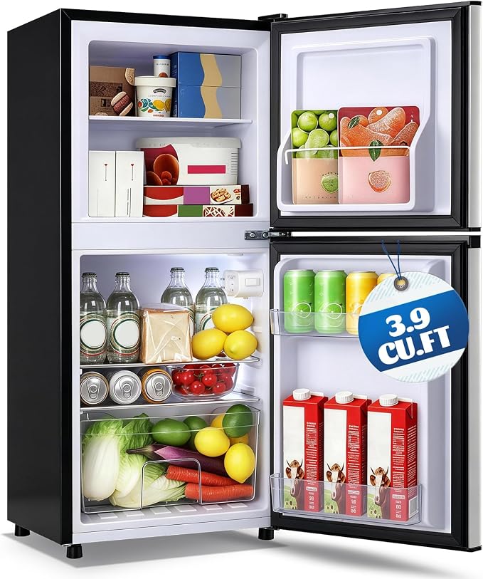 Mini Fridge with Freezer Large Capacity 110L Small Refrigerator with 7 Adjustable Temperature 2 Door Small Fridge for Office, Dorm, Bedroom Silver by DEMULLER
