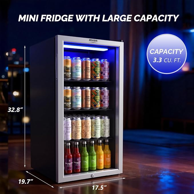 ROVSUN 3.3 Cu.Ft. Beverage Refrigerator Cooler with Double Layer Glass Door & Adjustable Shelf, Beverage Fridge for Home Office Bar, Quiet Mini Fridge Cooler w/Lock for Soda Wine Beer, 32-50°F, Black - Image 2