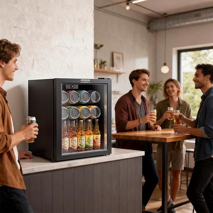 ROVSUN 46 Cans/1.0 Cu.Ft. Beverage Refrigerator Cooler, Countertop Small Fridge with Double Layer Glass Door & Adjustable Shelf for Bedroom Home, Quiet Mini Fridge for Soda Wine Beer, 43-64°F, Black - Image 7