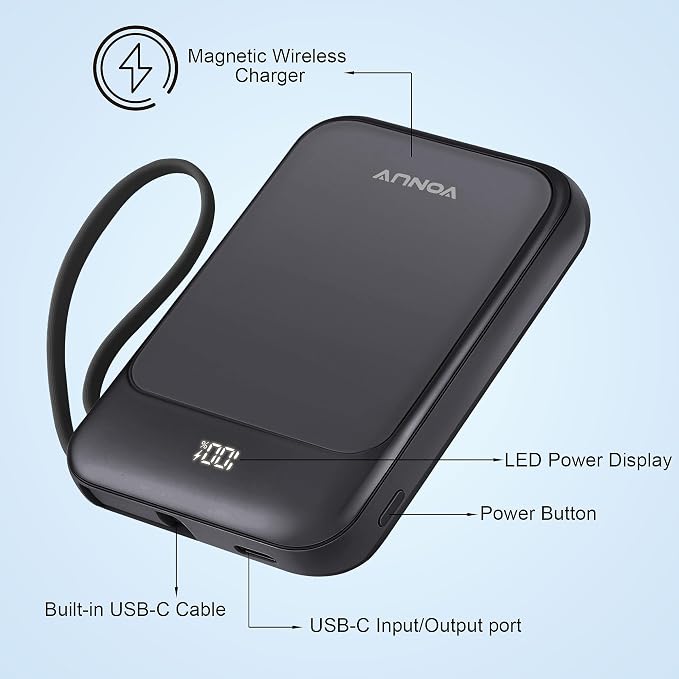 Magnetic Power Bank 10000mAh, Wireless Portable Charger with 15W Max Fast Charging & Built-in USB-C Cable, 22.5W PD LED Display Battery Pack Compatible with iPhone 17/16/15, Samsung Galaxy - Image 5