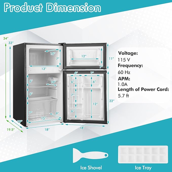 COSTWAY 3.2 Cu.Ft. Mini Fridge with Freezer, 2 Door for Office Bedroom Dorm | Compact Small Refrigerator with Reversible 2 Door, Adjustable Thermostat, Removable Glass Shelves for Food & Drink, Black - Image 5