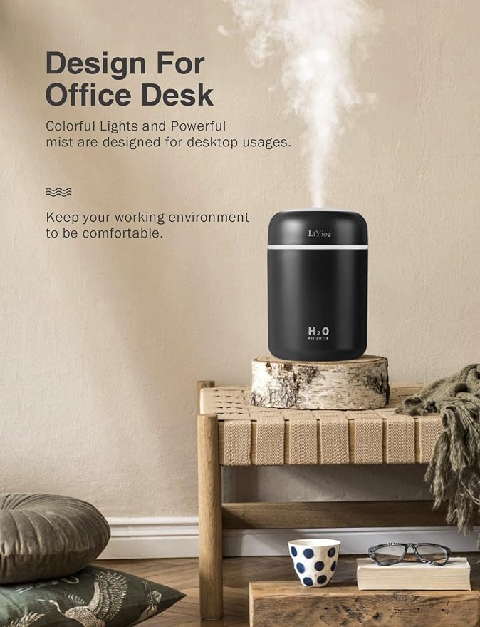 Humidifier Portable Mini Humidifiers for Bedroom, Personal Desktop Cool Mist Air Humidifier with Colorful Night Light, 2 Mist Modes & Auto Shut-Off, Super Quiet for Car Office Home (Black) - Image 2