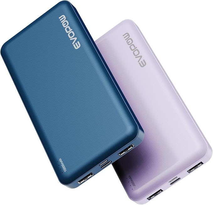 2-Pack Portable Charger, Slimmer 10000mAh Power Bank, Fast Charging Battery Pack, USB C in&Out External Portable Power Bank for iPhone Tablet Samsung Pixel Headphones etc (Blue&Purple) by EVOPOW