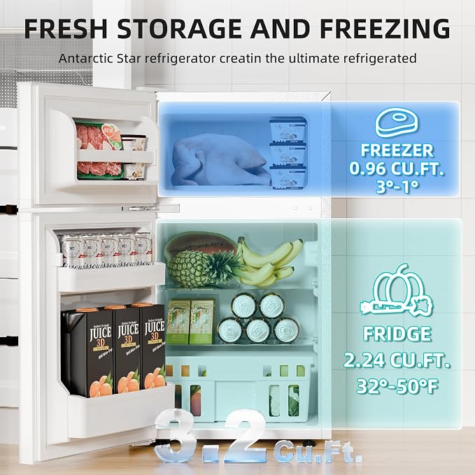 Antarctic Star Compact Refrigerator with Freezer,2 Door Mini Fridge,Adjustable Shelf,Adjustable Thermostat,for Bedroom,Office,Dorm,Kitchen,3.2 Cu.Ft.WHITE - Image 2