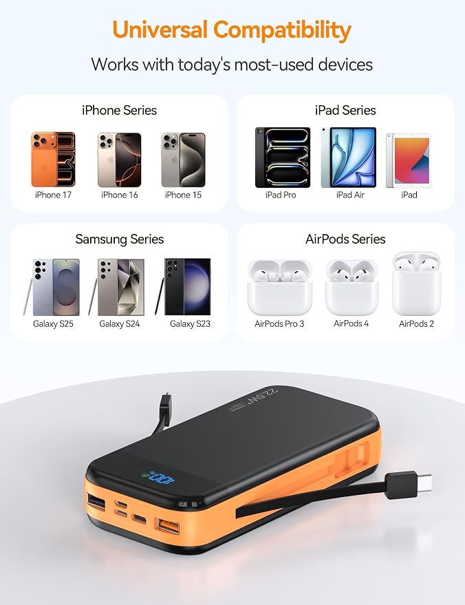 Portable Charger Power Bank Built-in Cables, 32000mAh 22.5W USB C Fast Charging, 5 Outputs 3 Inputs Travel Essentials Battery Pack Compatible with iPhone, iPad, Samsung, Google Pixel, Orange - Image 6