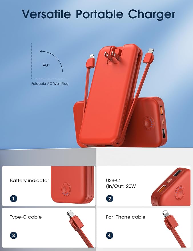 Nusyddy Portable Charger, 10000mAh PD20W Fast Charging Power Bank with Built-in Cables & Wall Plug, Travel Essentials External Battery Pack, USB C Battery Phone Charger for iPhone, iPad, Samsung Red - Image 3