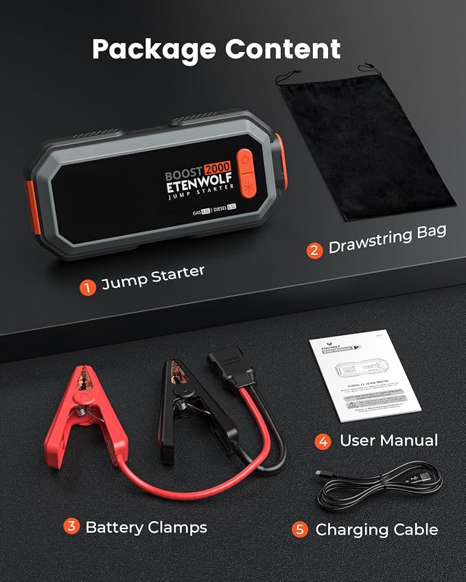 Car Battery Jump Starter Portable, 2000A Peak Jump Box- 12V Car Jump Starter for up to 8.0L Gas and 6.5L Diesel Engines, USB-C Portable Battery Jumper with Jumper Cable, Power Bank, LED Light - Image 8