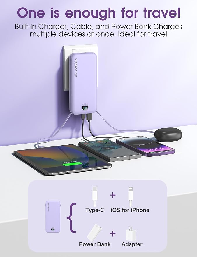 Portable Charger, 10000mAh PD20W USB C Fast Charging Power Bank with Built-in Cables and AC Wall Plug, Smart LED Display Travel Essentials Battery Pack Compatible with iPhone, iPad, Samsung etc Purple - Image 4