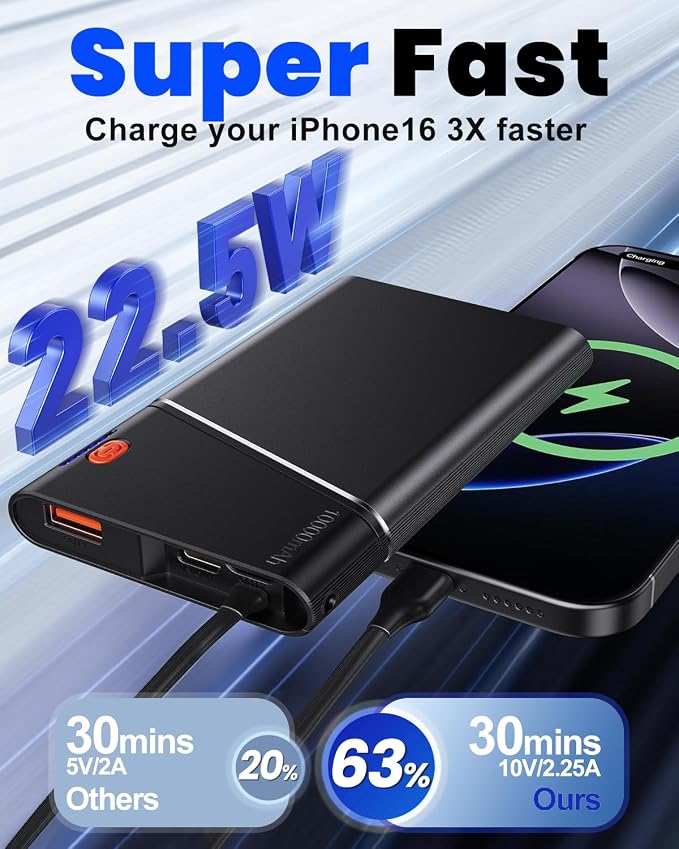 Aaoyun Portable Charger Power Bank, 10000mAh 22.5W PD Fast Charging Powerbank with Built-in USB C Cable, Slim External Phone Battery Pack for iPhone 17/16/15 Samsung S24 Android etc (Grey) - Image 2