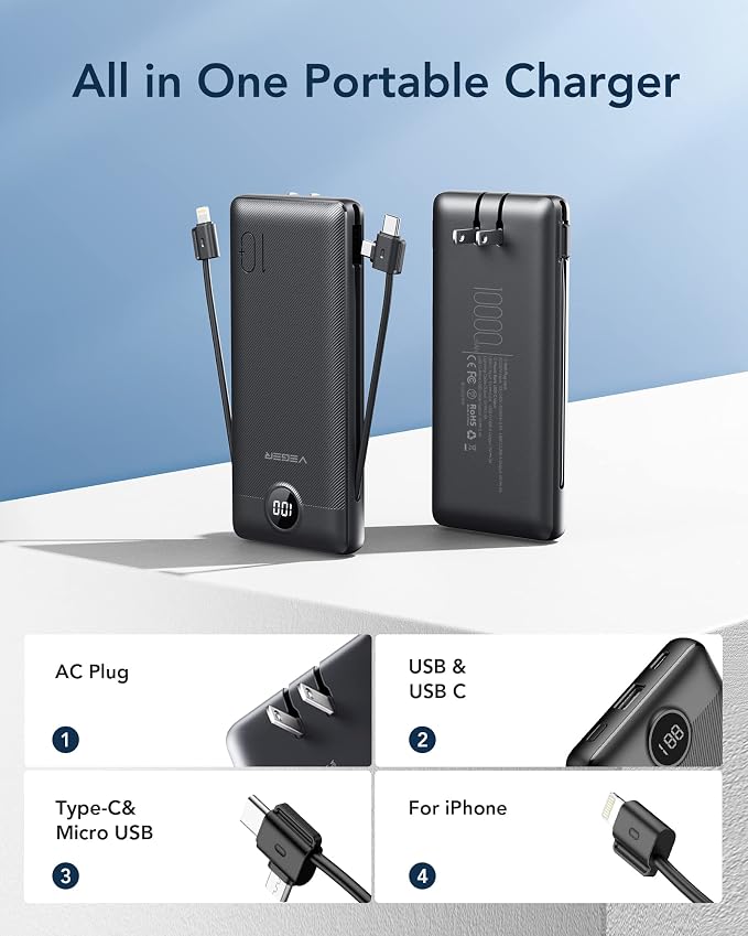 VEGER Portable Charger with Built-in AC Plug and Cables, All in One 10000mAh Ultra Slim Power Bank Travel Essentials, Fast Charging Battery Pack Compatible with iPhone, Samsung, Android (Black) - Image 2