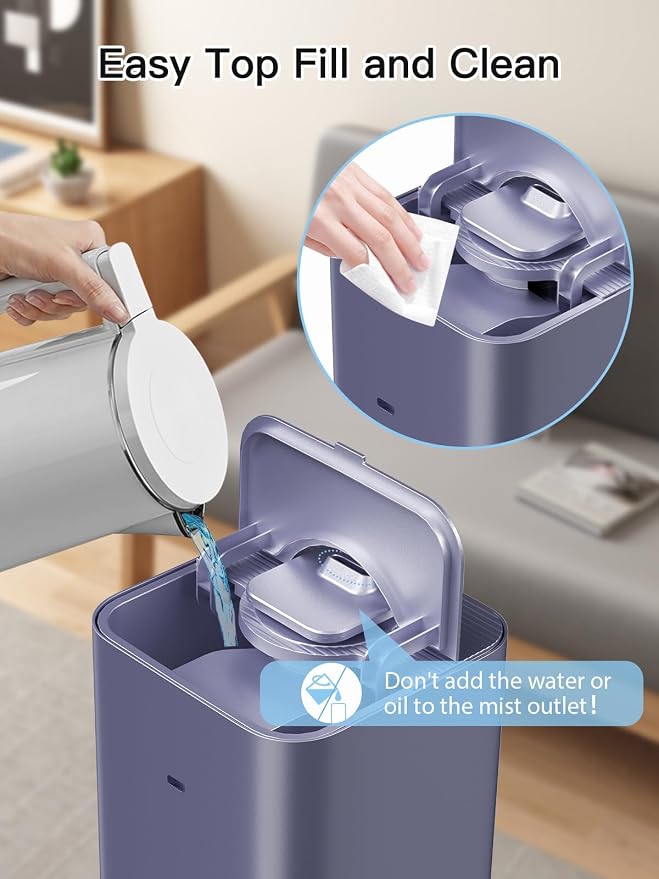 10L/2.64Gal Humidifiers for Bedroom, Top Fill Quiet Ultrasonic Cool Mist Humidifier Large Room, Covers 550ft², 60H Runtime, 24H Timer, 3 Mist Modes Humidifiers for Home, Office, Plants, Purple - Image 9
