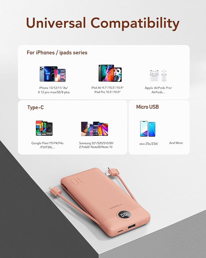 VEGER Portable Charger with Built-in AC Plug and Cables, All in One 10000mAh Ultra Slim Power Bank Travel Essentials, Fast Charging Battery Pack Compatible with iPhone, Samsung, More(Dark Pink) - Image 9