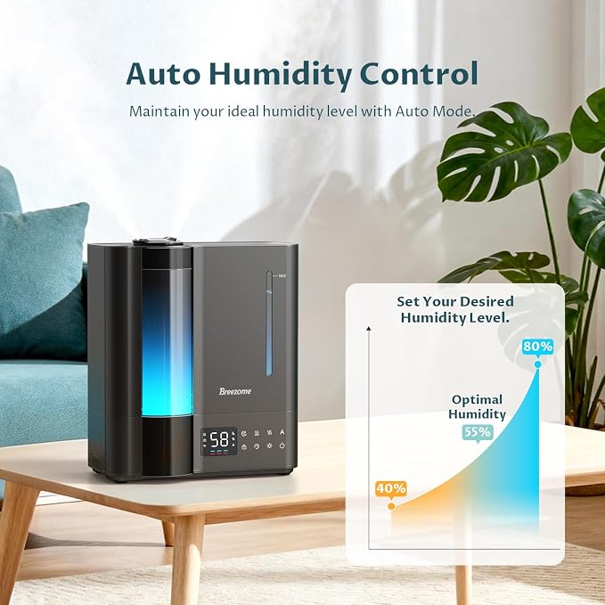 BREEZOME 8L Humidifiers for Bedroom, Warm & Cool Mist for Large Room Home, Top Fill Ultrasonic Humidifier, Humidity Sensor, Essential Oil, 60H Runtime, Quiet for Baby, Plants, Fast Relief - Image 5
