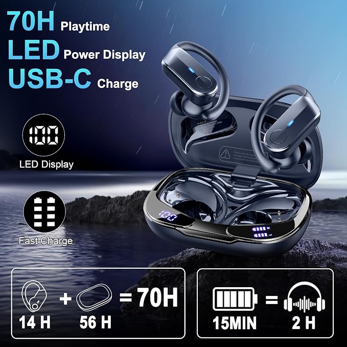 Ordtop Sport Wireless Earbuds with Earhooks, 70H, IPX8 Waterproof, Blue | Bluetooth 5.4, 4 ENC Microphones, Deep Bass Sound, LED Display, USB-C Fast Charging, Secure Fit For Running, Gym And Workouts - Image 4
