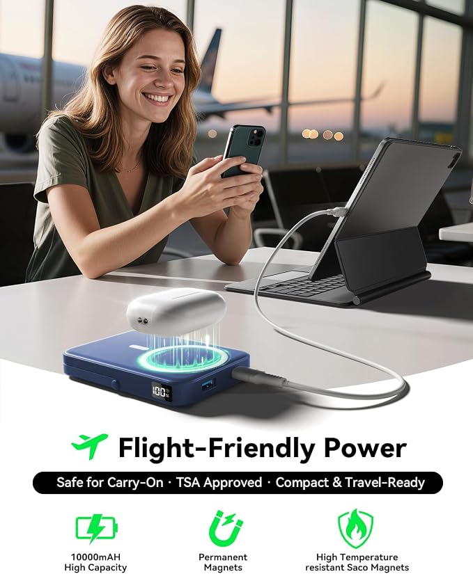 Magnetic Power Bank 10000mAh with for MagSafe Charging,PD 22.5W Fast Charge,Foldable Stand,Dual USB Output,LED Display (Dark Blue) - Image 4