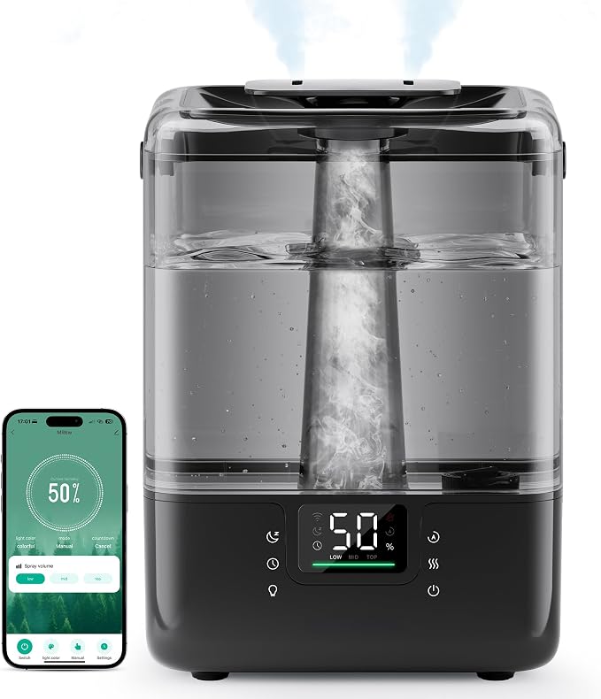 Smart Humidifiers for Bedroom Home, 6L Cool Mist Top Fill Humidifier Large Room with Essential Oil Diffuser, Touch/APP/Voice Control, NightLight Humidifiers for Nursery & Plants (Black, 1Pack) by Unknown