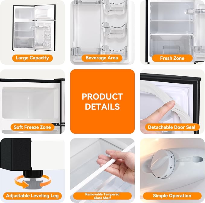 Mini Fridge with Freezer 3.2 Cu.Ft. 2 Door Refrigerator and Freezer Small Fridge for Bedroom Home Office Dorm, Small Drink Chiller, 37 dB Low Noise, Black - Image 8